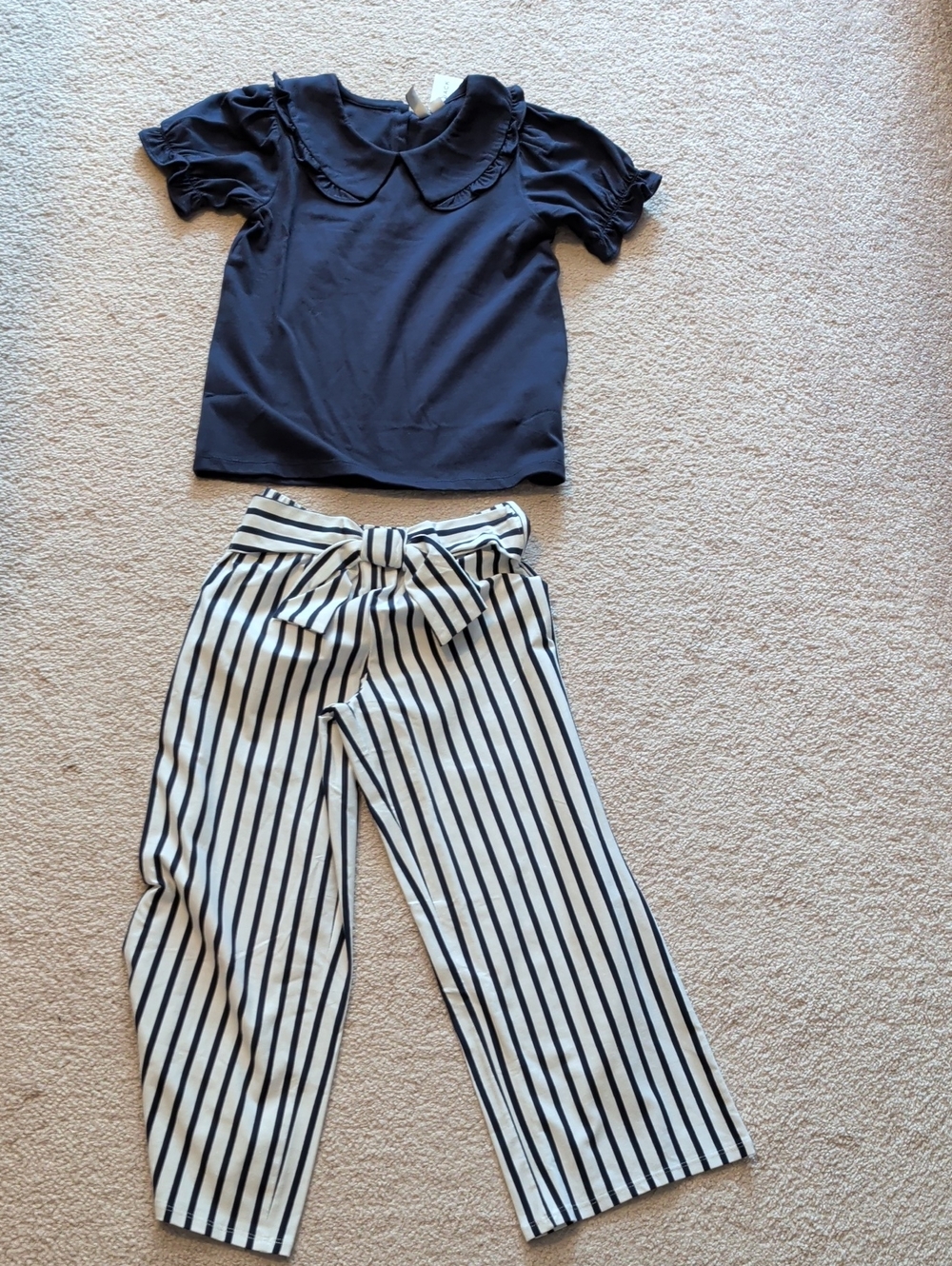 Janie and Jack Navy Ruffle Collar Top with Navy & White Striped Wide-Leg Pants
